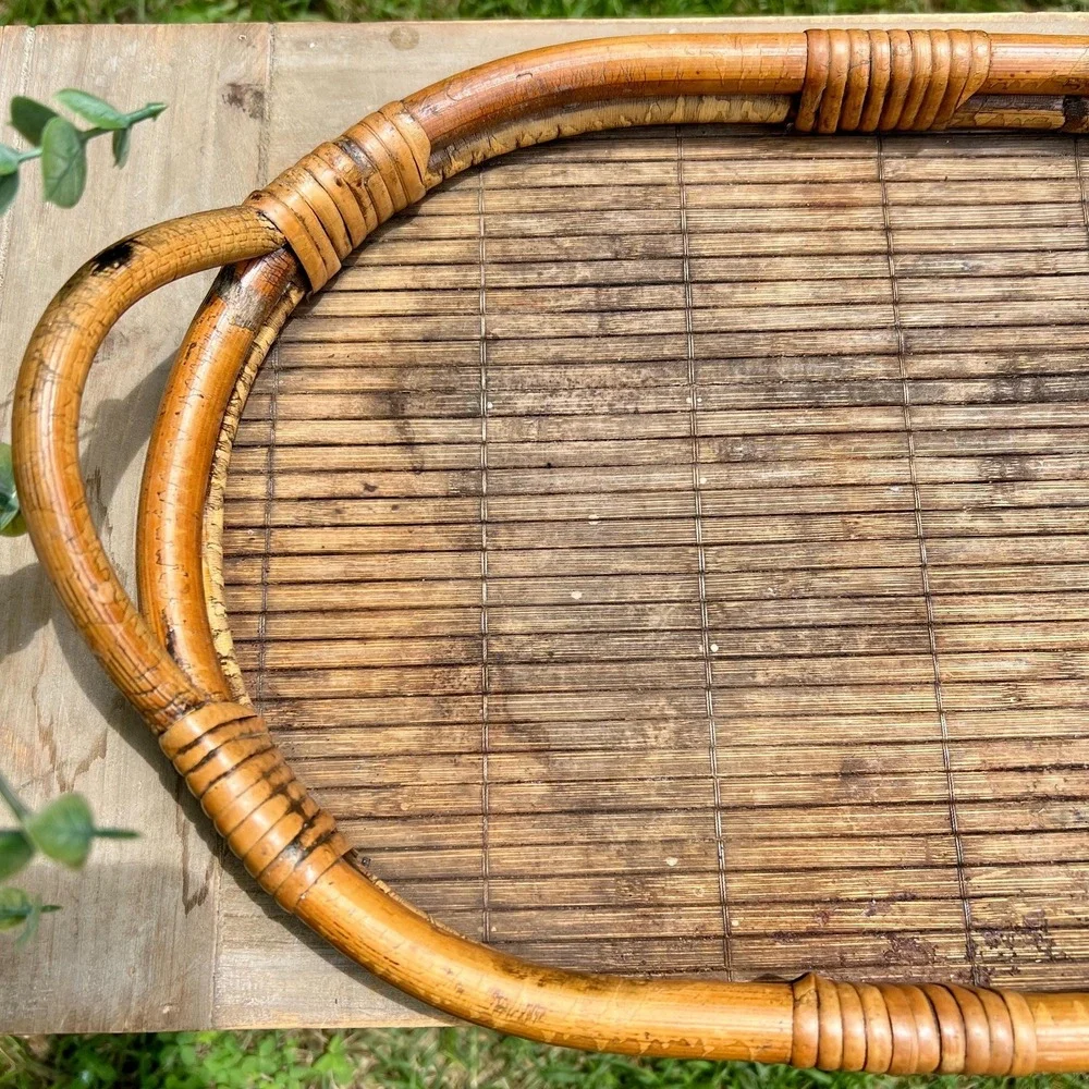 Old Antique Bamboo and Rattan Tray with Handles